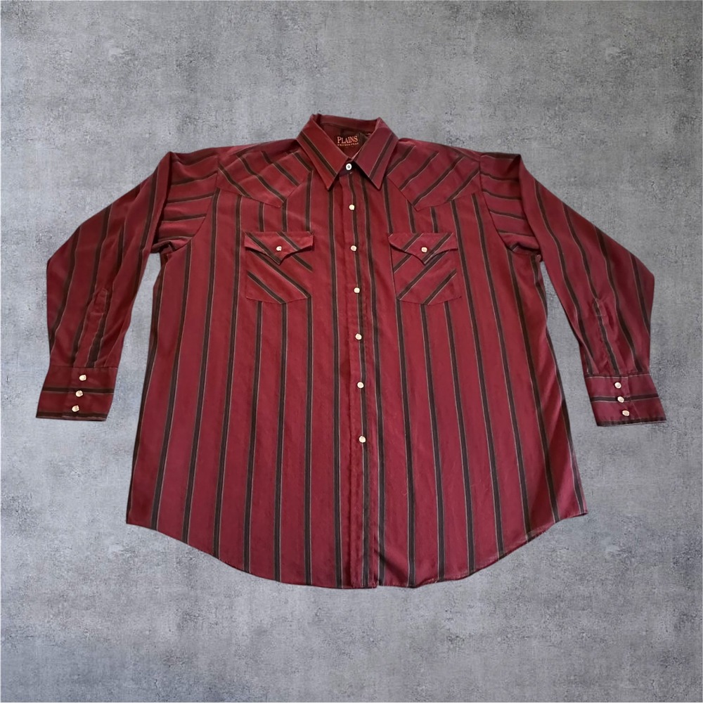 Plains Western Wear Shirt Mens XL Burgundy Striped Pearl Snap Long Sleeve